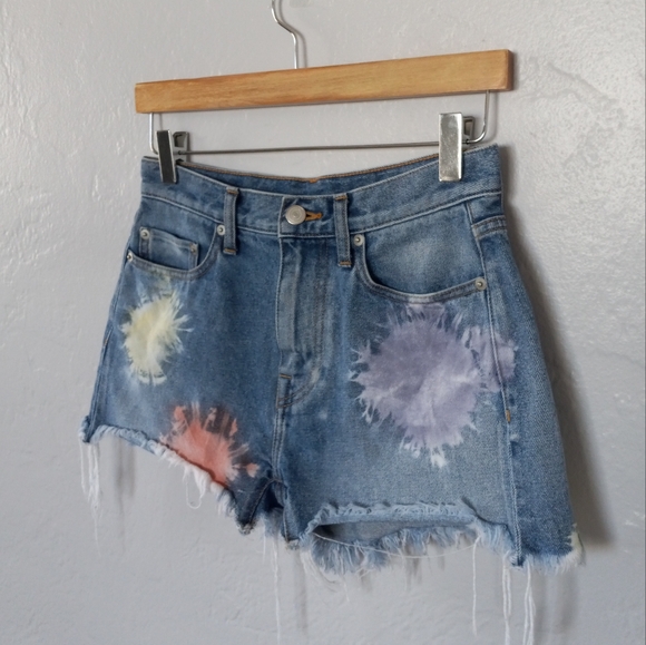 John Elliott High Waist Cut Off Shorts Japanese Denim Shibori Bloom 24 - Picture 3 of 13
